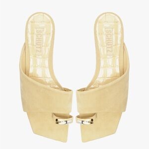 SCHUTZ Jodie Nubuck Suede Leather Beige Flat Slide Sandals w Gold Embellishments